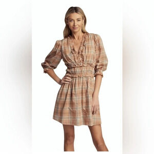 We Are Sundays Maisie Mini Dress in Tannin Plaid Large 3/4 Sleeve V-Neck Ruffle